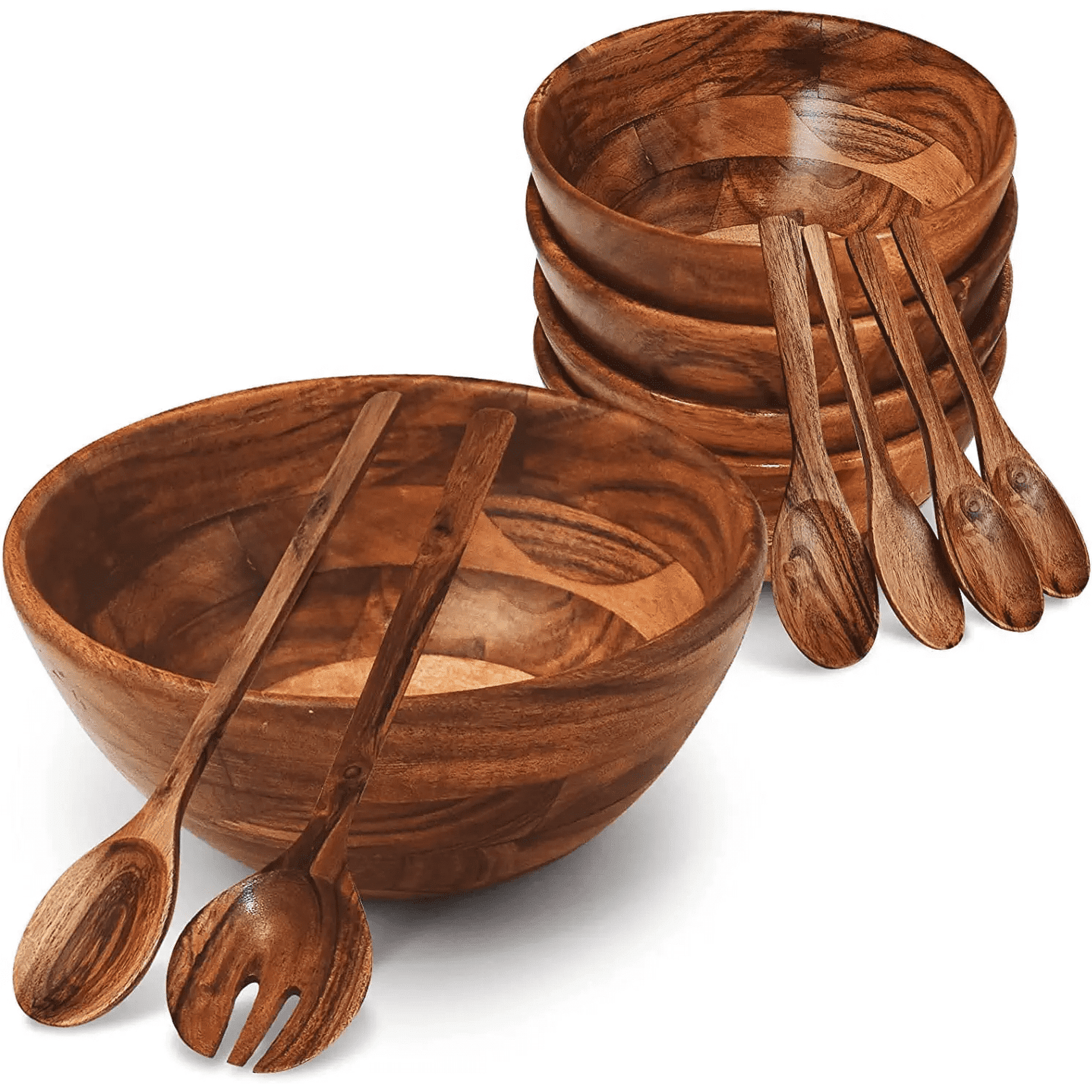 Premium Acacia Wood Salad Bowl Set by Vernissage Kitchen - 100% Handcrafted Natural Wood Fruit-Salad-Candy Bowl Set- 1 x 10” Bowl, 4 x 6” Bowl, 4 x Small Spoons, 1 Large Serving Spoon & Serving Fork