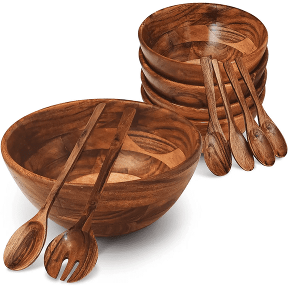 Premium Acacia Wood Salad Bowl Set by Vernissage Kitchen - 100% Handcrafted Natural Wood Fruit-Salad-Candy Bowl Set- 1 x 10 Bowl, 4 x 6 Bowl, 4 x Small Spoons, 1 Large Serving Spoon & Serving Fork