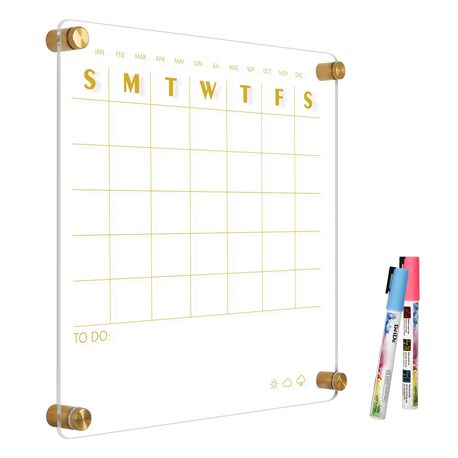 Premium Acrylic Calendar for Wall Small 12"x12" Golden Clear Dry Erase Board Non-Magnetic Home Office Monthly Glass Family Planner Wall Mounted Board with 2 Markers