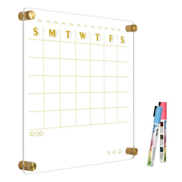 Premium Acrylic Calendar for Wall Small 12"x12" Golden Clear Dry Erase Board Non-Magnetic Home Office Monthly Glass Family Planner Wall Mounted Board with 2 Markers