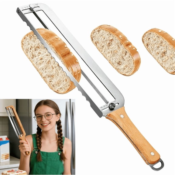 Ambidextrous Adjustable Bread Knife, Serrated Stainless Steel Slicer with Thickness Control, Even Slicing Tool for Sourdough & Homemade Bread Lovers