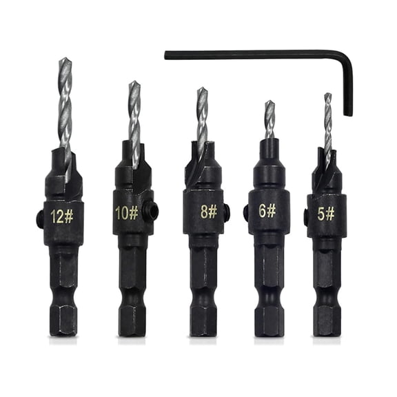Premium Adjustable Countersink Drill Bit Set - 5-Piece Woodworking Counterbore Bits with Wrench, Anti-Splitting Pilot Hole Drill for Screws, Hex Shank, Gold Finish