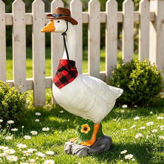 Premium Adjustable Large Porch Goose Statue – 14” Realistic Hollow Plastic Garden Goose with Removable Cowboy Hat & Bandana, Stone Base with Sand-Fillable Design for Outdoor Stability