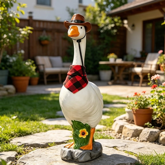 Premium Adjustable Large Porch Goose Statue – 14" Realistic Hollow Plastic Garden Goose with Removable Cowboy Hat & Bandana, Stone Base with Sand-Fillable Design for Outdoor Stability