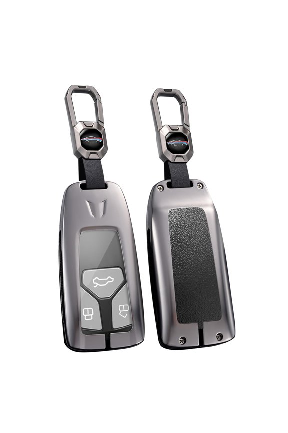 Premium Alloy & Leather Key Fob Case for Audi A4 S4 RS4 B9 A5 F5 S5 RS5 A6 A7 C8 A8 S8 D5 Q2 Q5 SQ5 FY Q7 SQ7 4M TT FV TTS TTRS R8 with Short Keychain