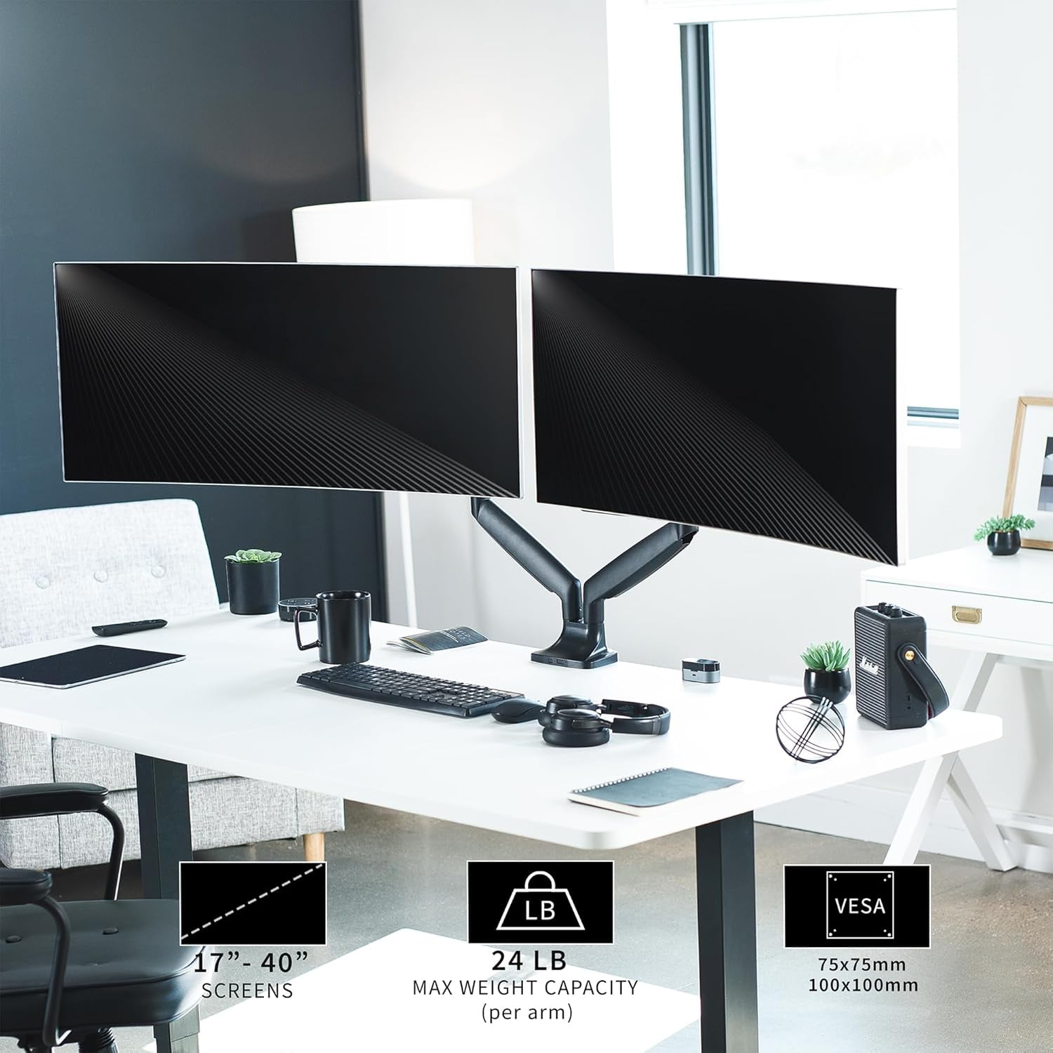 Premium Aluminum Heavy Duty Dual Monitor Arm for Ultrawide Monitors  to 40 inches and 24 lbs Each, Desk Mount Stand, Pneumatic Height,  VESA 100x100, Black, STAND-V202Q