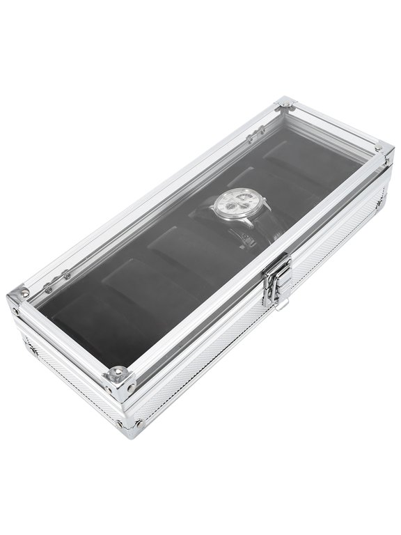 Premium Aluminum Rectangle Storage Organizer Box for Jewelry and Watches with Clear Viewing Window Secure Metal Clasp Compact Design Holds up to Six Timepieces (10.2x8.3x2.36 inches / 26x21x6 cm)