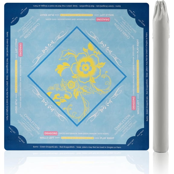 Premium American Mahjong Mat with Rules 31.5" x 31.5"inch No Creases Rollup Packed with Velvet Bag Non Slip Mahjong Table Mat Noise Reduction Game Mat Gift for Mother's Day (Blue)