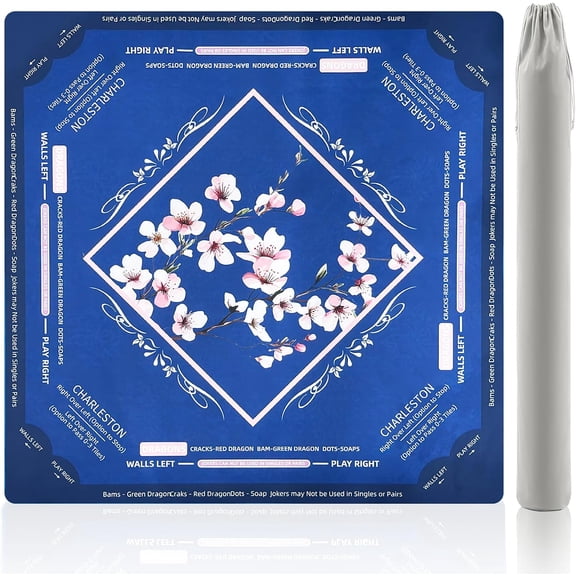 Premium American Mahjong Mat for Table 32.6x32.6 inch No Creases Rollup Packed with Velvet Bag Non Slip Mahjong Table Mat Noise Reduction Mahjong Mats with Print Rules for Playing (Navy Blue)
