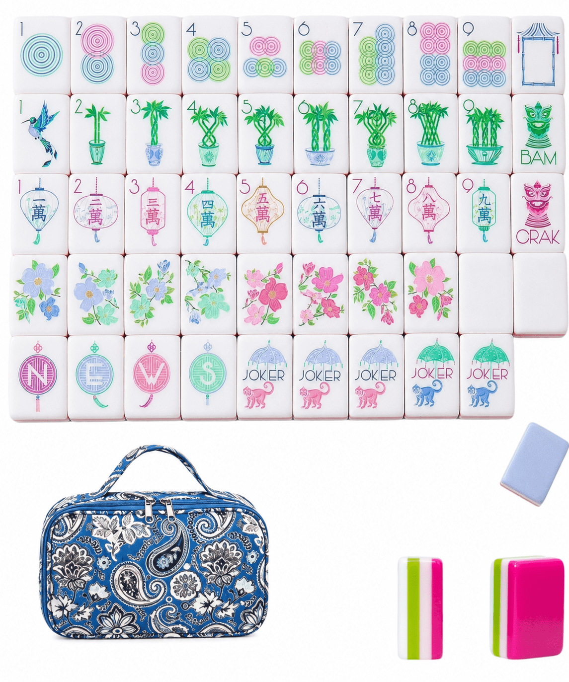 Premium American Mahjong Set 160 Tiles, 4-Layer Acrylic Mahjong Tiles with Preppy Botanical & Chinoiserie Designs, Portable Western Mah-Jongg Game Set，Grandmillennial Decor