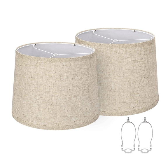 Premium American Style Fabric Lampshade Set of 2 for Table and Floor Lamps, Replacement Drum Shade with 8 Inch Harp Stand and E26 UNO Fitter, 13.38 inches / 34 cm Diameter, Linen