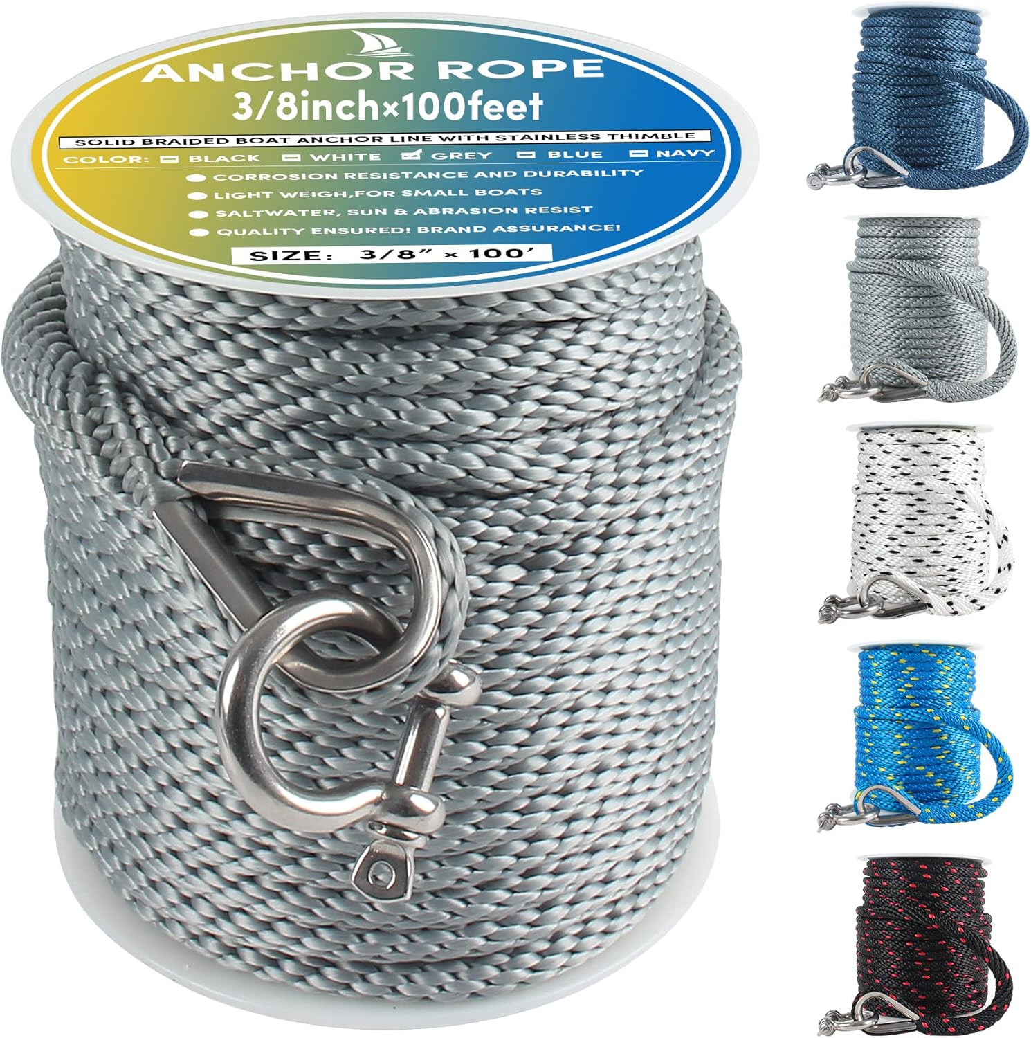 Premium Anchor Rope 100 ft x 3/8 inch, Solid Braid MFP Anchor Line Boat ...