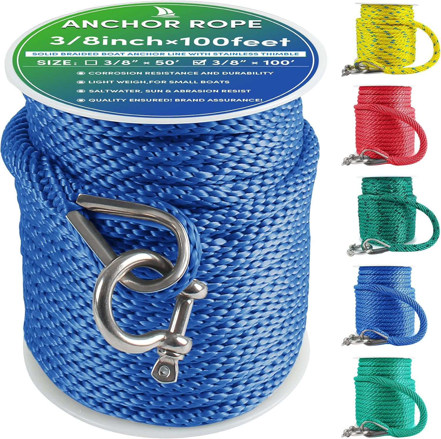 Premium Anchor Rope 100 ft x 3/8 inch, Solid Braid MFP Boat Anchor Rope ...
