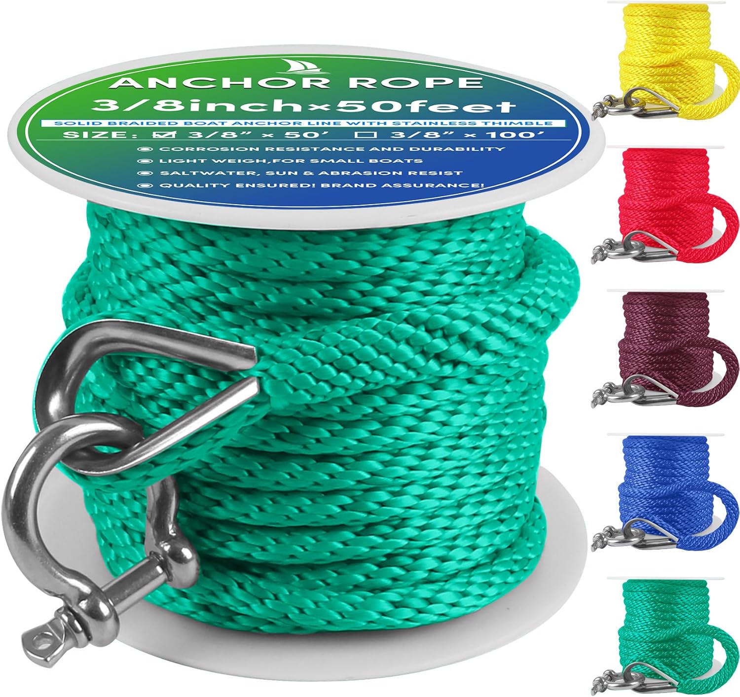 Premium Anchor Rope 50 ft x 3/8 inch, Solid Braid MFP Anchor Line,Boat ...