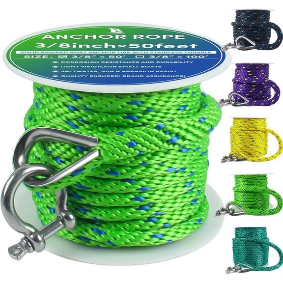 Premium Anchor Rope 50 ft x 3/8 inch, Solid Braid MFP Anchor Line,Boat Rope with Thimble & Shackle - Neon Green/Blue