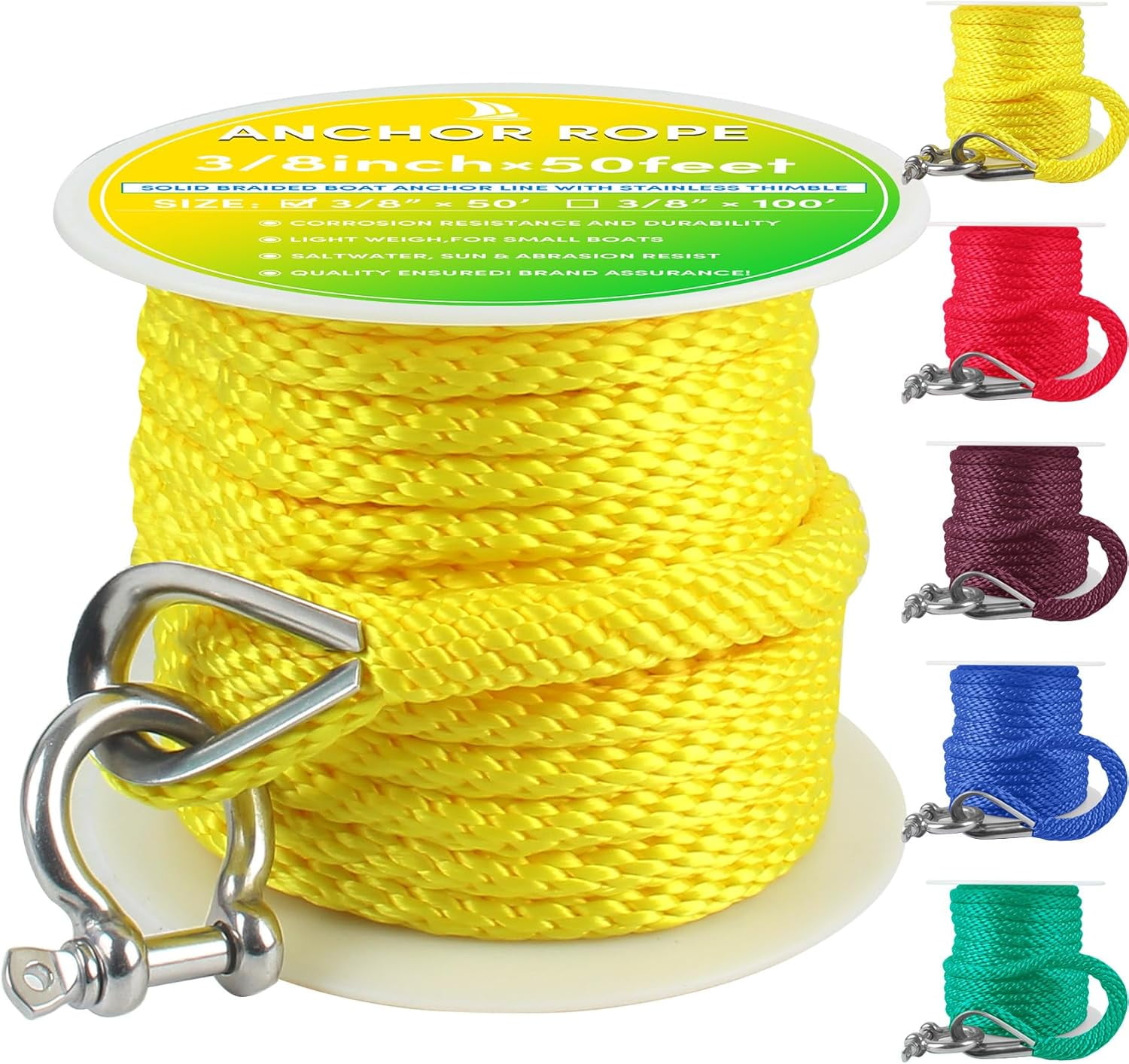 Premium Anchor Rope 50 ft x 3/8 inch, Solid Braid MFP Anchor Line,Boat ...