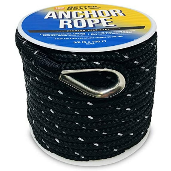 Premium Anchor Rope Double Braided Boat Anchor Line 100 ft Black Marine Grade 3/8 Rope