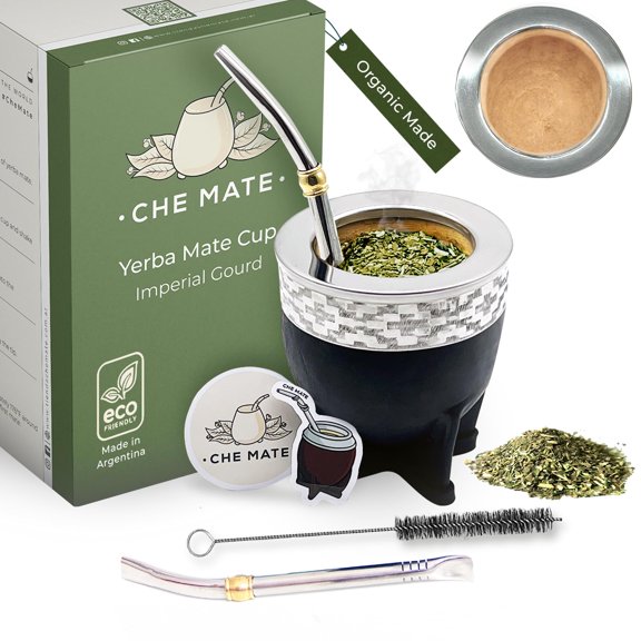 Premium Argentina-Uruguay Yerba Mate Cup and Bombilla Set, Organic Gourd Tea Mug with Steel Straw (Bombilla) and Cleaning Brush, Handcrafted for Loose Leaf Yerba Mate Tea - Imperial Version