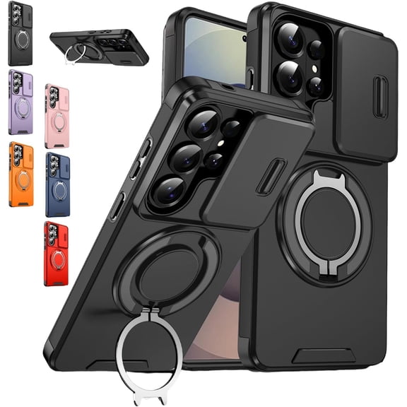 Premium Armor Kickstand Case for Samsung Galaxy S Series,360 Ring Grip Magnetic Stand Phone Case Slide Camera Cover (Black,for Samsung S25)