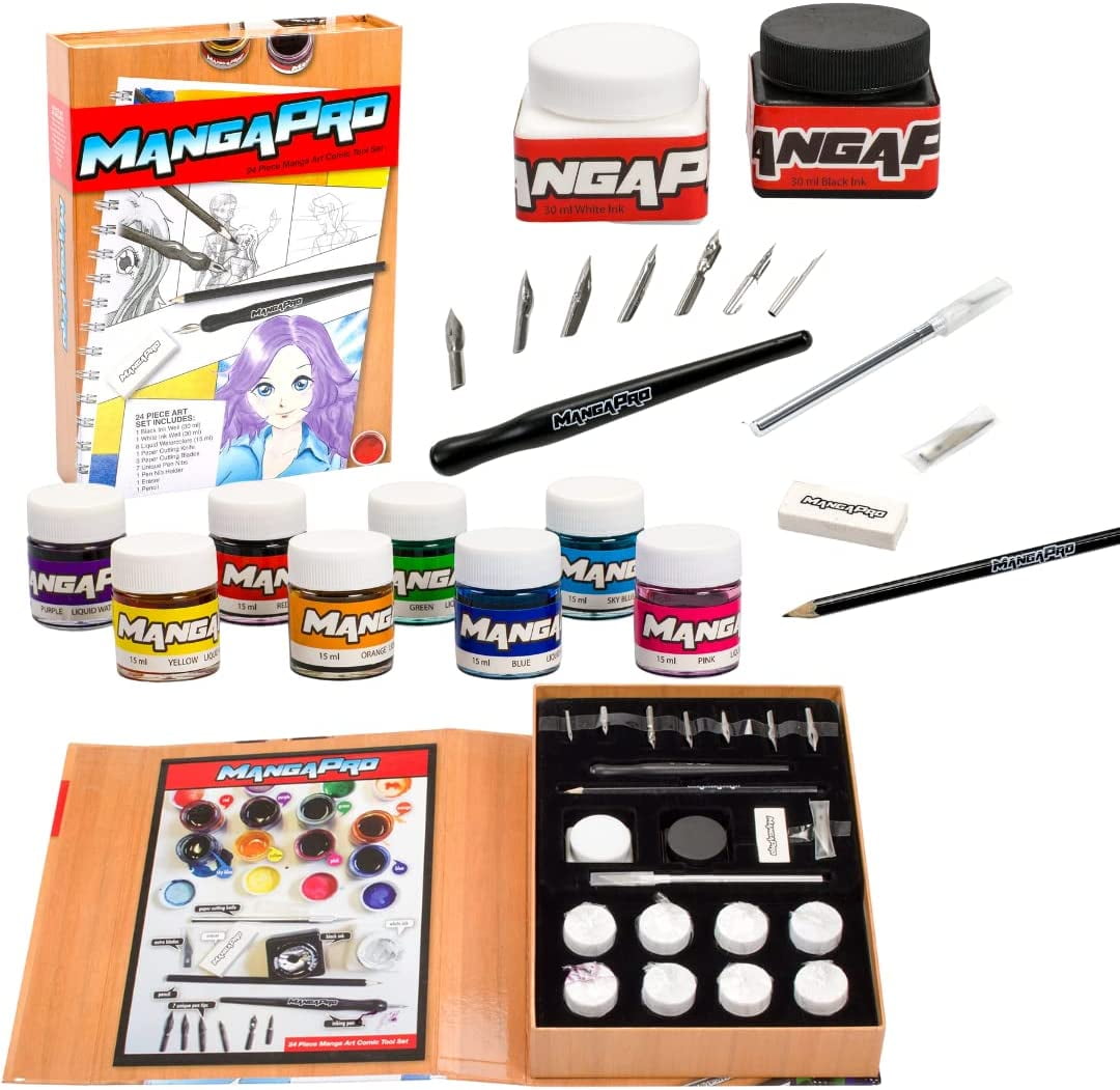 Premium Art Drawing Set - 24 pc Manga Anime Animation Sketch and Comic Cartoon Tools Kit w Ink, Watercolors, Knives, Pen, Nibs, Eraser, and Pencils - For Beginners or Experts Illustration