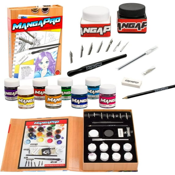 Premium Art Drawing Set - 24 pc Manga Anime Animation Sketch and Comic Cartoon Tools Kit w Ink, Watercolors, Knives, Pen, Nibs, Eraser, and Pencils - For Beginners or Experts Illustration