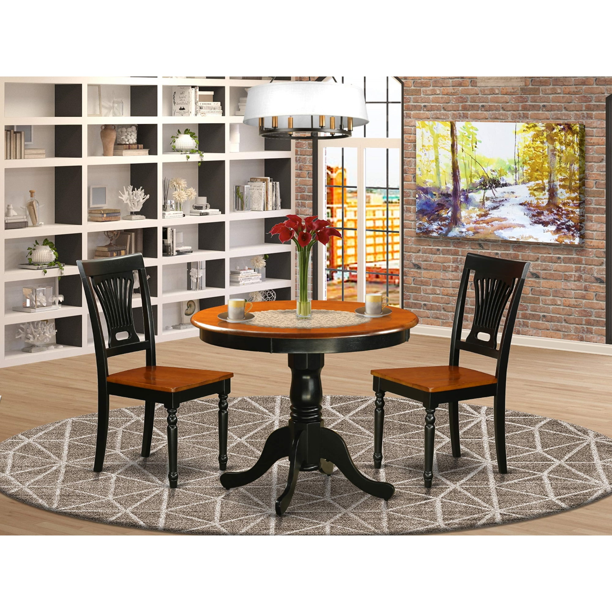 Cherry Top Round Dining Set with Black Wood Chairs - 3 Piece