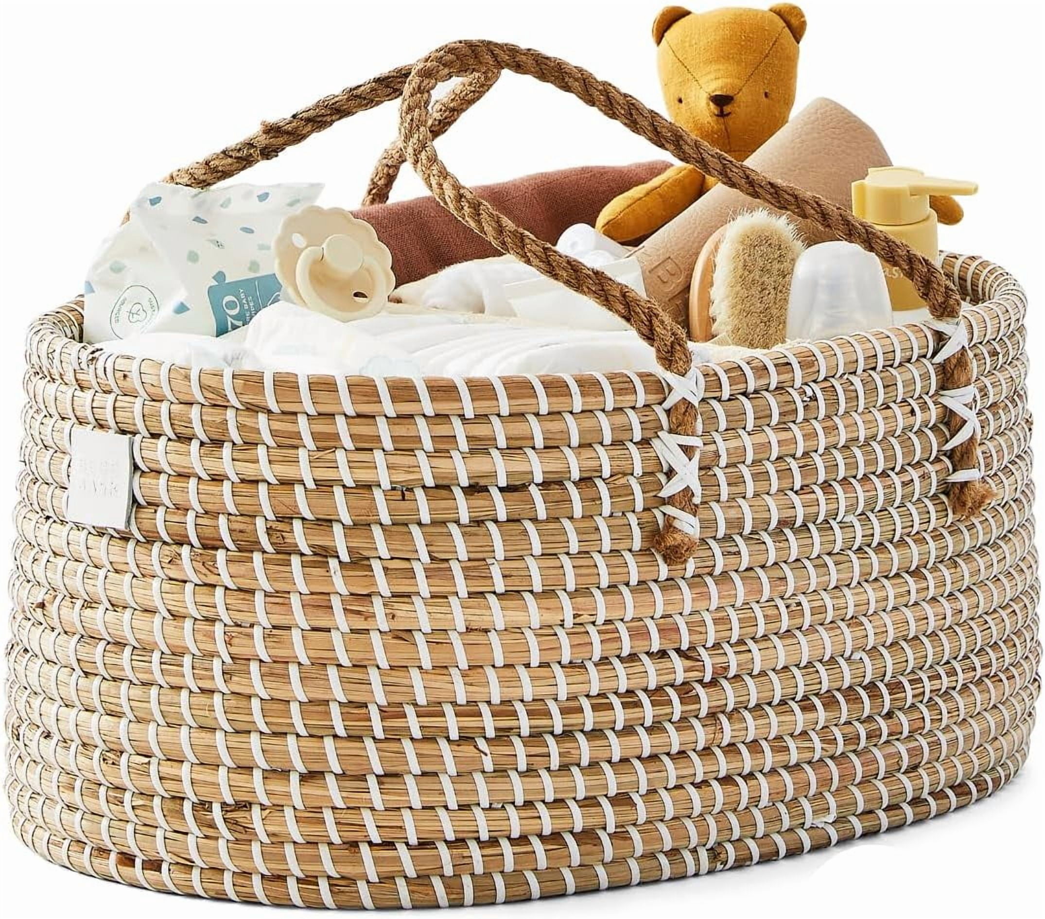 Premium Baby Diaper Caddy Organizer - Handmade - Seagrass Basket With Cotton Divider - Award-Winning & Luxury Diaper Caddy Basket - White (NATURAL)