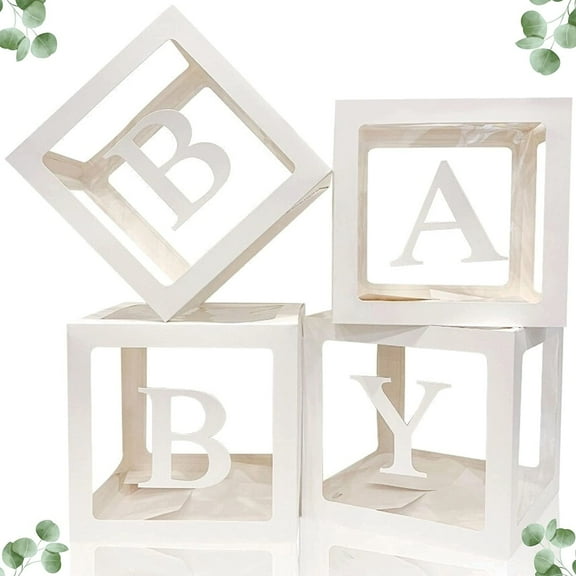 Premium Baby Shower Decorations For Boy or Girl Kit - Jumbo 4 pcs Transparent Balloon Boxes Decor with Letters, Balloon Blocks Includes BABY Letters, Gender Reveal Decor, 1st Birthday Party Backdrop
