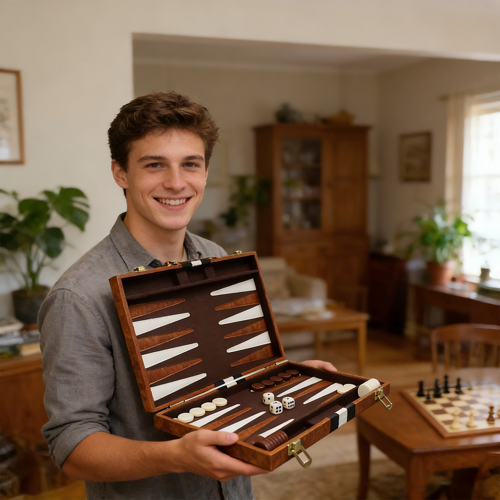 Premium Backgammon 15 Inches Medium Brown, Deluxe Leather Like Case ...