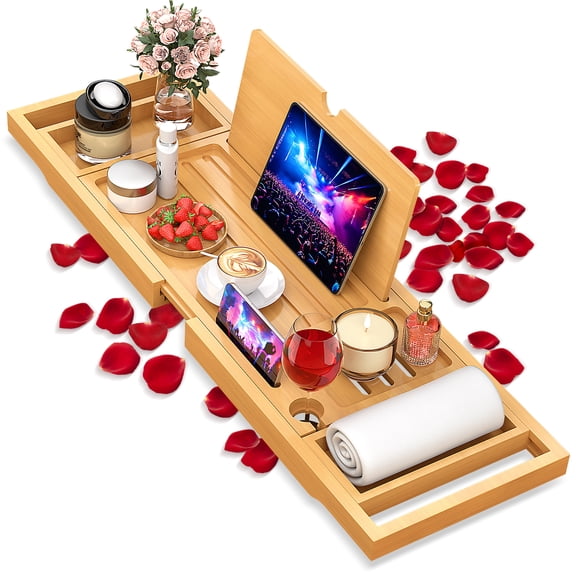 Premium Bamboo Bathtub Caddy Tray with Extending Sides, Adjustable Wood Bath Tray for Luxury Bath, Fits Most Tubs, Accessories Gift Idea