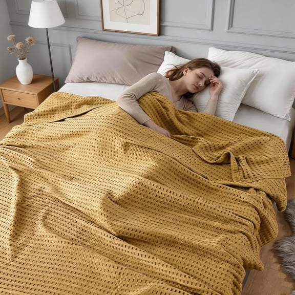 Premium Bamboo-Cotton Waffle Weave Blanket, Lightweight Cooling Throw Blanket for Hot Sleepers, Breathable Soft Summer Blanket for Couch Sofa Bed and All Season Use (Yellow,230*200cm)
