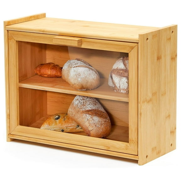 Premium Bamboo Double Layer Bread Box With Clear Window, Bread Storage And Organizer for Kitchen Countertop, Bread Container, Assembly Required Large Double Layer