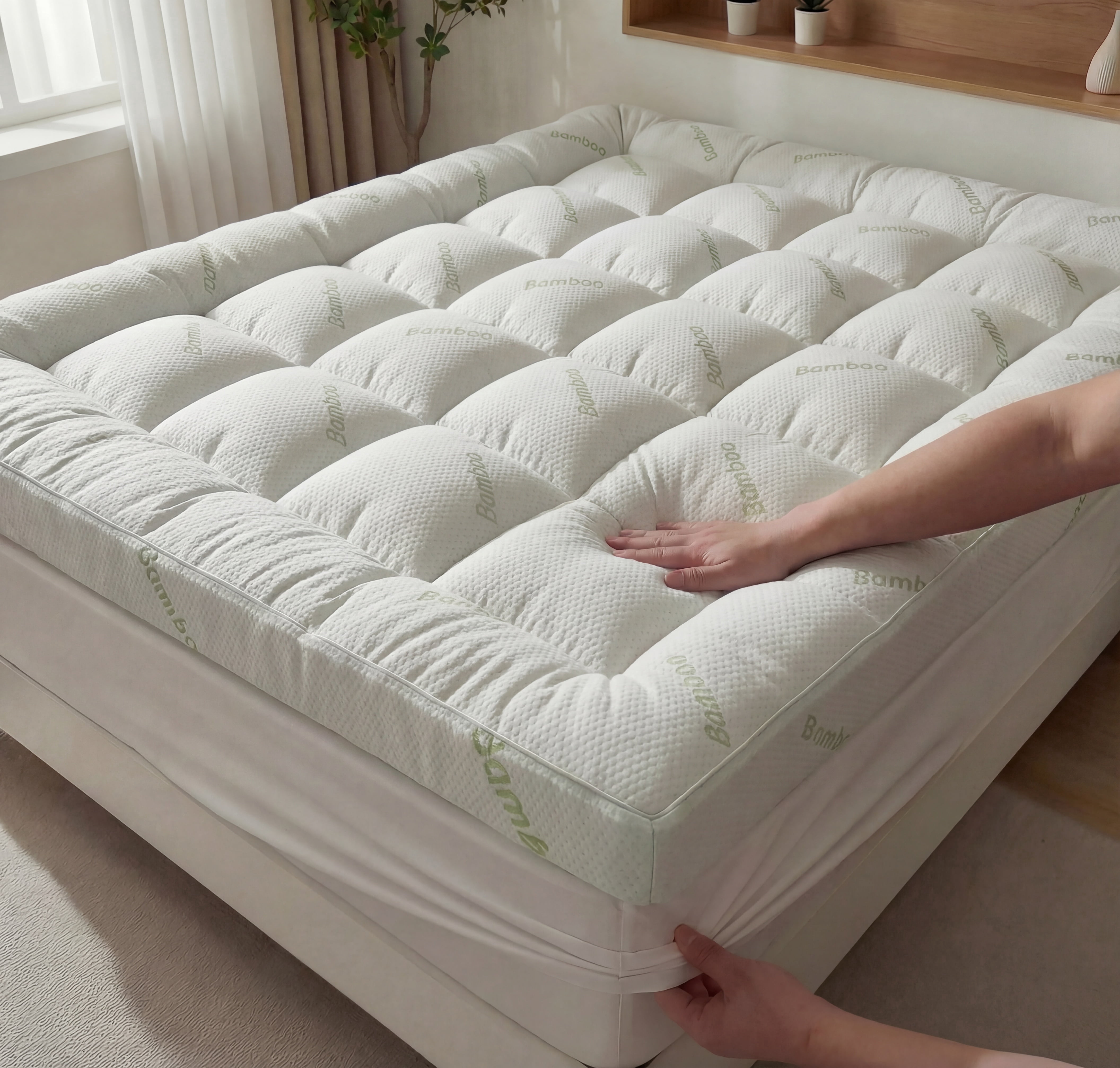 Premium Bamboo Mattress Topper, Ultra Soft Cooling Mattress Pad, Breathable Pillow Top Mattress Cover with Deep Pocket, Machine Washable