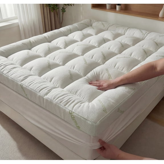 Premium Bamboo Mattress Topper, Ultra Soft Cooling Mattress Pad, Breathable Pillow Top Mattress Cover with Deep Pocket, Machine Washable