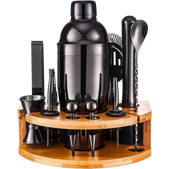Premium Bamboo Stand Cocktail Shaker Set, 12-Piece 25oz Bar Tools Kit with Essential Mixing Equipment and Recipe Guide, Ideal Gift for Home Bartending Enthusiasts