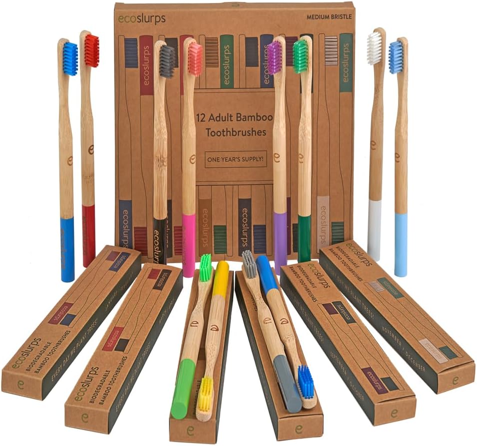 Premium Bamboo Toothbrushes Multipack 12 Adult Medium, MultiColored