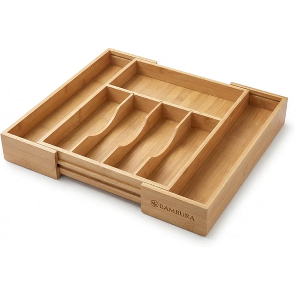Premium Bamboo Utensil Drawer Organizer Expandable Modular Silverware Organizer Adjustable Design w/Deep Compartments, Kitchen, & Office Drawer Dividers for Utensils, Cutlery, Makeup, Desk