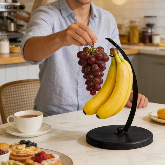 Banana Holder Stand with Unique Wooden Base & Sturdy Metal Hook Stylish Banana Hanger for Fresh Fruit, Modern Kitchen Countertop Display & Fruit Storage Solution