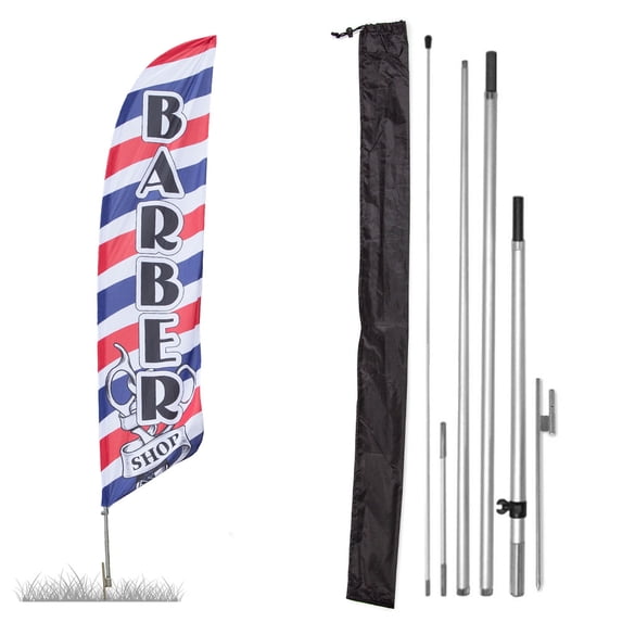 Premium Barber Shop Feather Flag Kit - Includes 13ft Sectional Aviation Grade Fiberglass Poles, Barber Shop Flag, Ground Spike Pole Sleeve Bag