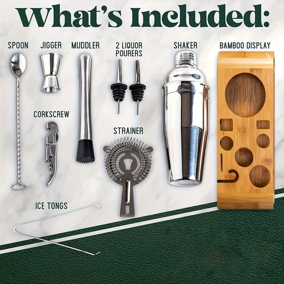 Premium Bartender Set with Bamboo Stand: 10-Piece Stainless Steel Cocktail Shaker & Bar Tools, Essential Home Bar Kit, Perfect Housewarming or Father's Day Gift