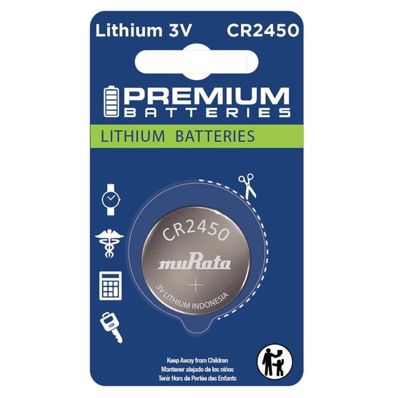 Premium Batteries Murata CR2450 Lithium 3V Coin Cell Batteries Child-Safe (1 Pack)