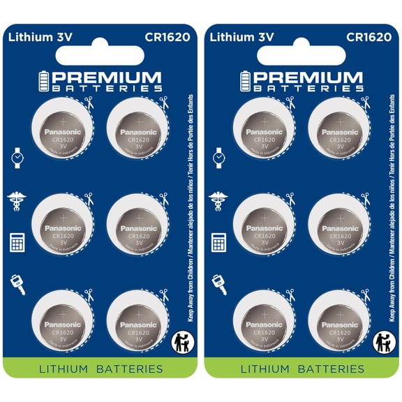 Premium Batteries Panasonic CR1620 3V Child-Safe Lithium Coin Cell (12 Count)