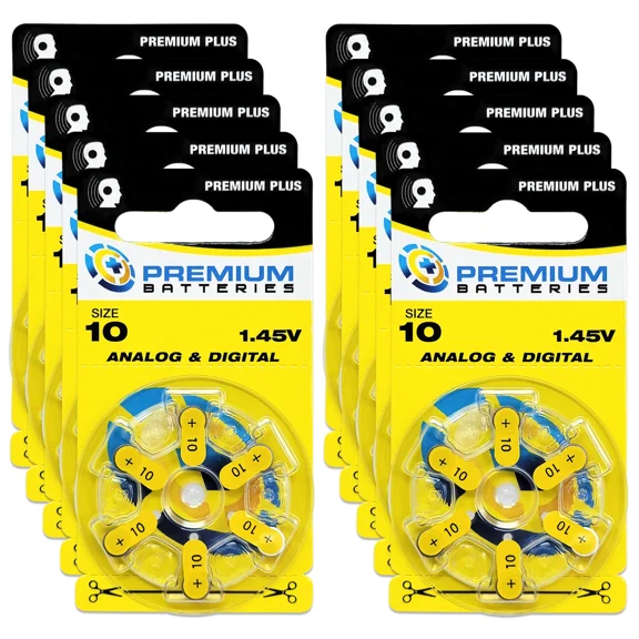 Premium Batteries Premium Plus Size 10 ZA10 1.45V Zinc Air Hearing Aid Batteries (60 Pack)