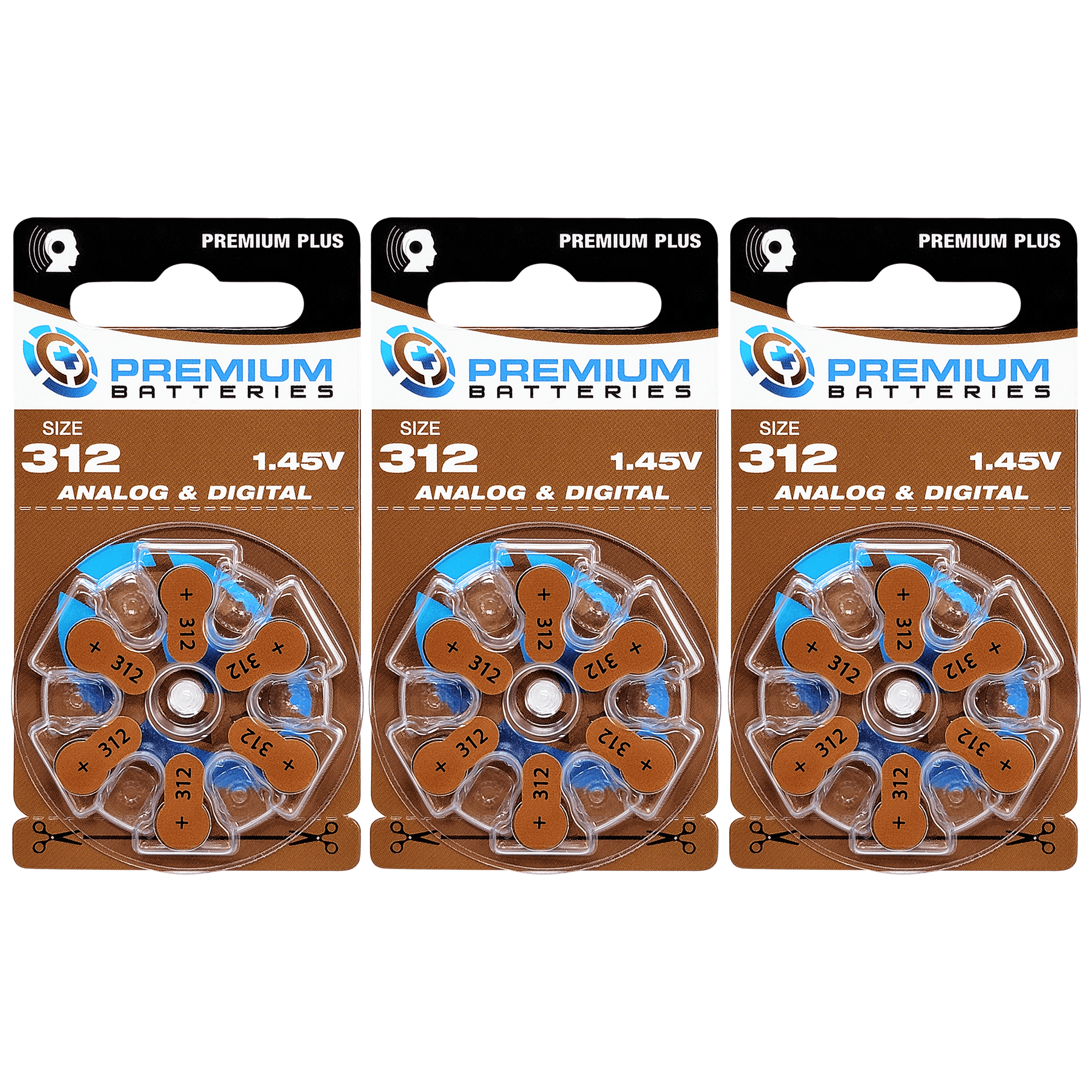 Premium Batteries Premium Plus Size 312 ZA312 PR41 P312 1.45V Zinc Air Hearing Aid Batteries Brown Tab (18 Pack)
