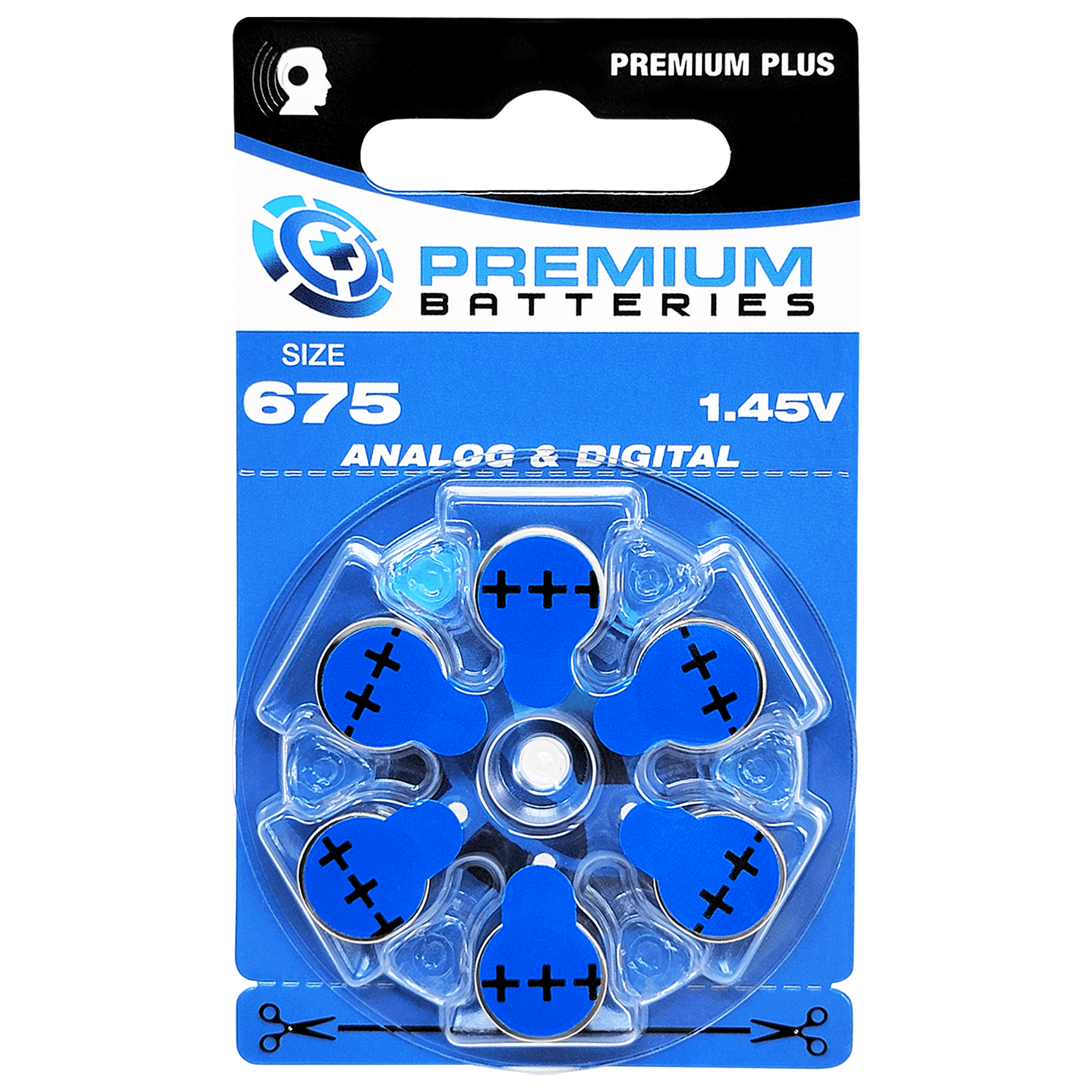 Premium Batteries Premium Plus Size 675 ZA675 PR44 P675 1.45V Zinc Air Hearing Aid Batteries Blue Tab (6 Pack)