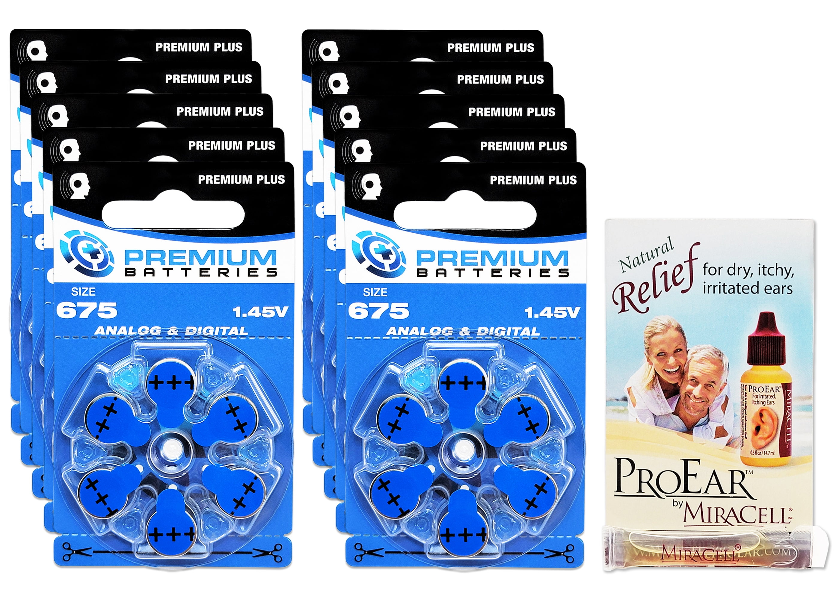 Premium Batteries Premium Plus Size 675 PR44 1.45V Zinc Air Hearing Aid Batteries (60 Pack) + Miracell Bonus
