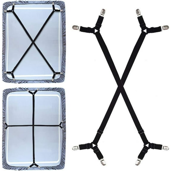 Premium Bed Sheet Fasteners,2 Pcs Adjustable Crisscross Fitted Sheet Band Straps Grippers Suspenders Corner Holder Elastic Heavy Duty for All Bedsheets Fitted Sheets Flat Sheets Long Type (Black)