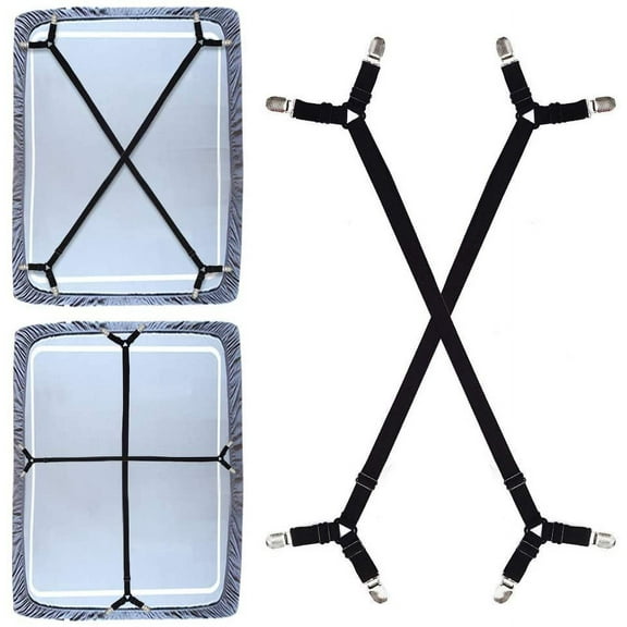 Premium Bed Sheet Fasteners, 2 Pcs Adjustable Crisscross Fitted Sheet Band Straps Grippers Suspenders Corner Holder Elastic Heavy Duty for All Bedsheets Fitted Sheets Flat Sheets Long Type (Black)