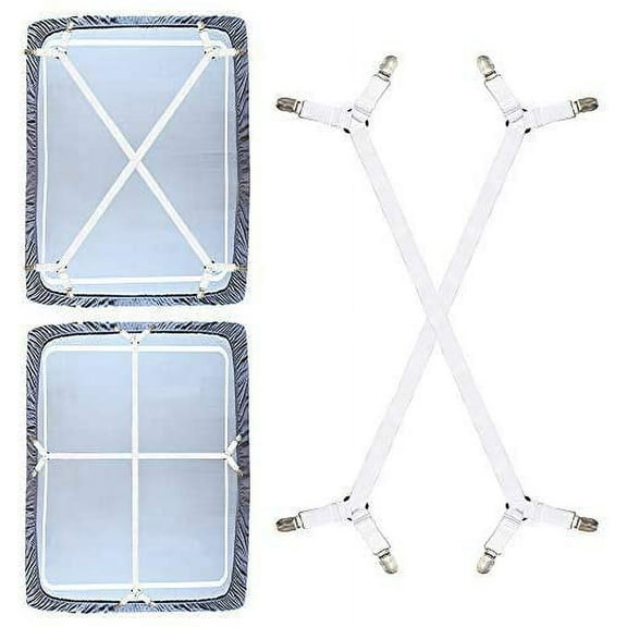 Premium Bed Sheet Fasteners, 2 Pcs Adjustable Crisscross Fitted Sheet Band Straps Grippers Suspenders Corner Holder Elastic Heavy Duty for All Bedsheets Flat Sheets Mattress Cover (Set of 2) (White)