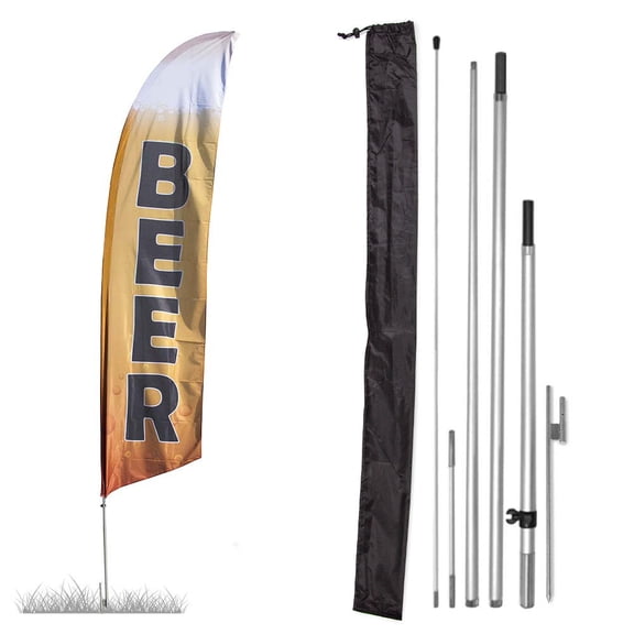 Premium Beer Feather Flag Kit - Includes 13ft Sectional Aviation Grade Fiberglass Poles, Beer Flag, Ground Spike and Pole Sleeve Bag